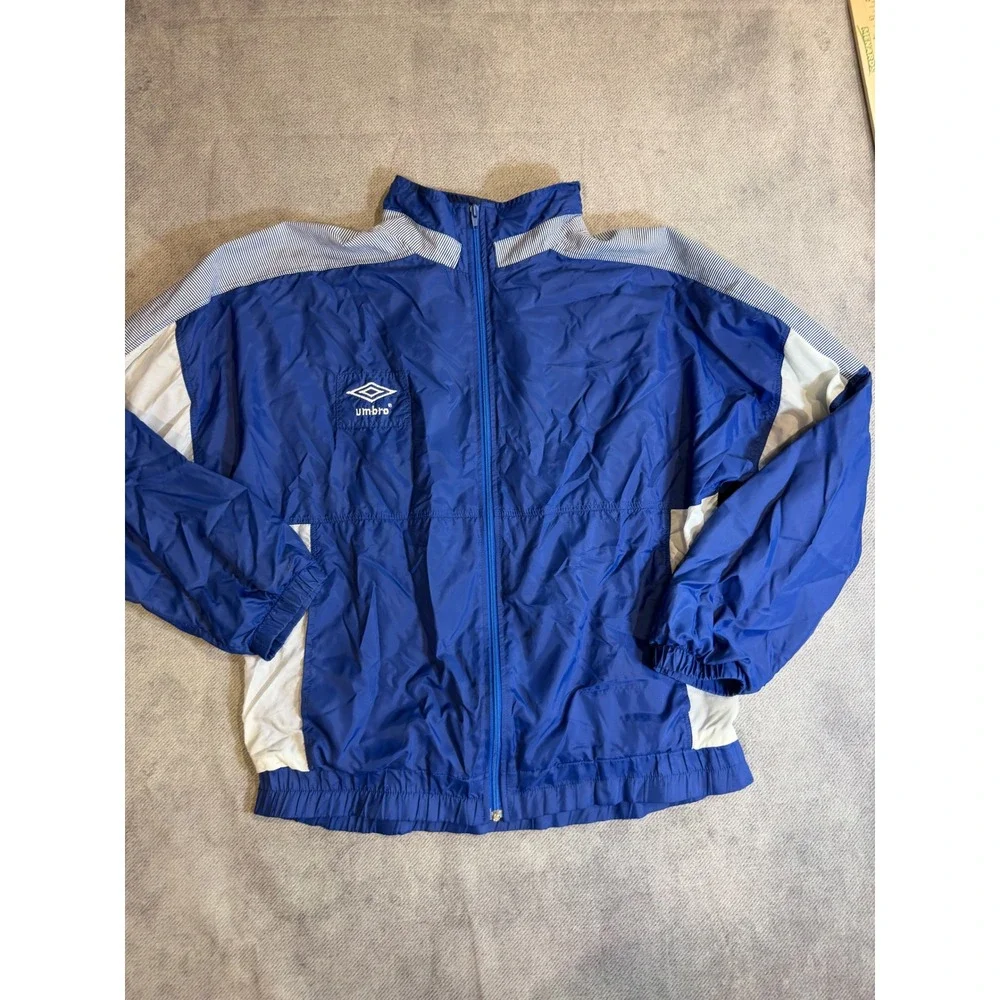 Vintage Umbro Windbreaker Jacket Blue White Striped Full Zip Made in Brazil L